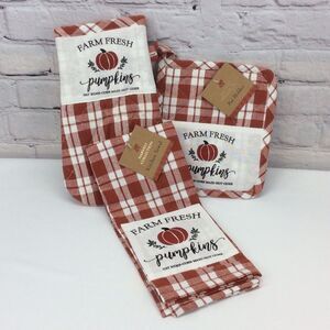 Fall "Farm Fresh" Pumpkins 3 Pc Kitchen Set Gingham Farmhouse